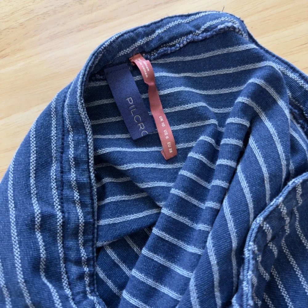 Pilcro Anthropologie Women Midi Skirt 6 Blue Striped Ruched Pull On Side Slit - Picture 5 of 10